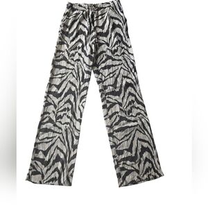 Zara Zebra Print Pants Small Cream Brown Elastic Waist Resort Textured Straight